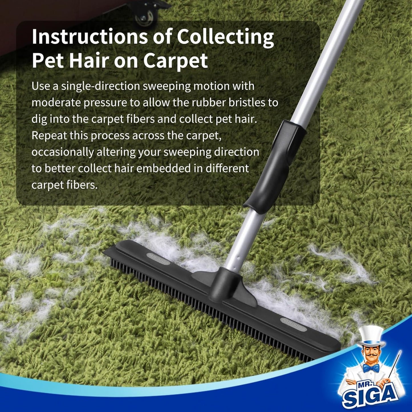 MR.SIGA Pet Hair Removal Rubber Broom with Built in Squeegee, 3 in 1 Floor Brush for Carpet, 61 inch Adjustable Handle, Includes 1 Microfiber Cloth for Floor Dusting