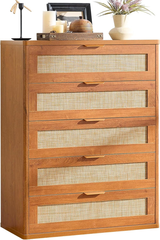 LEYAOYAO Dresser for Bedroom, 41" Tall Chest of Drawers, Modern 5 Drawers Boho Rattan Dressers with Storage, Dresser Wooden Closet Organizer for Living Room, Hallway, Tea Brown