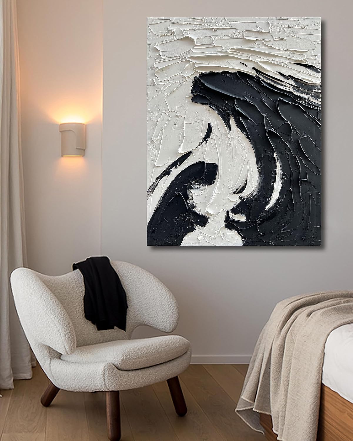 NANKAI 40x28 inch Minimalist Black and White Abstract Painting 100% Hand-Painted Modern Wall Deco Art Modern Abstract Oil Painting Art Wall Decoration