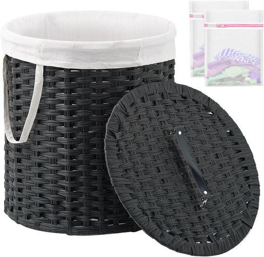 Laundry Hamper with Lid Wicker Laundry Hamper Round 26.5 Gal (100 L) Laundry Basket Handwoven Rattan Laundry Basket with Removable Bag Handles 2 Mesh Bags for Living Room Bedroom Black