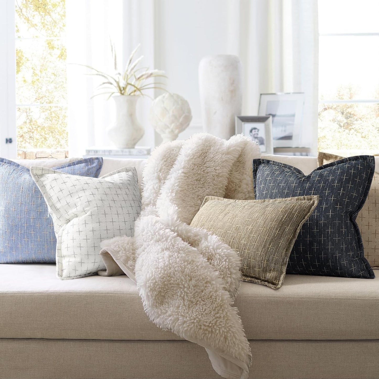 ZWJD Pillow Covers 20x20 Set of 2 Soft Polyester Textured Pillow Covers with Stylish Flange Edge Cozy Farmhouse Throw Pillows for Couch Bed Sofa Living Room