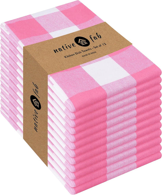 Native Fab Pink Checked Kitchen Towel 16"x26" - 12 Pack Buffalo Plaid Cotton Dish Towels - Absorbent Dishcloth Set, Soft Reusable Towels with Hanging Loop - Pink White