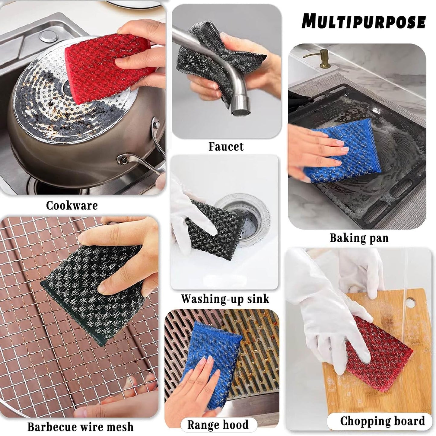 Steel Wool Scrubbers Dish Kitchen Sponges Heavy-Duty Kitchen Steel Scrub Sponges,Multi-Functional Stubborn Stain Fast Cleaning Scrubber(6 Pack)