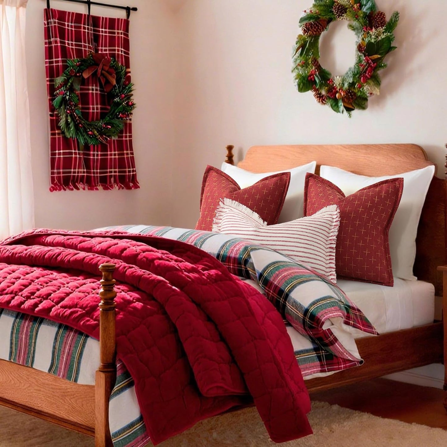 ZWJD Christmas Pillow Covers 26x26 Set of 2 Soft Polyester Textured Red Pillows with Stylish Flange Edge Cozy Farmhouse Christmas Decor for Couch Bed Sofa Living Room (Red)