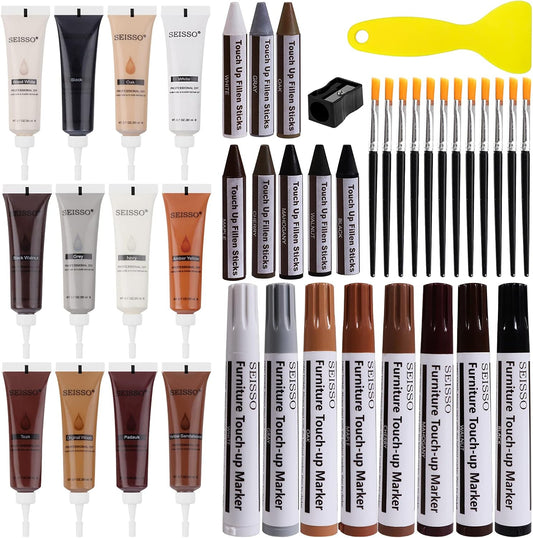 SEISSO Wood Furniture Repair Kit, 42 Pcs Wood Filler and Touch Up Markers with Wax Sticks, Vinyl Floor Repair Kit for Scratches, Cracks, Holes, Discoloration for Door, Stain, Floor, Table, Cabinet