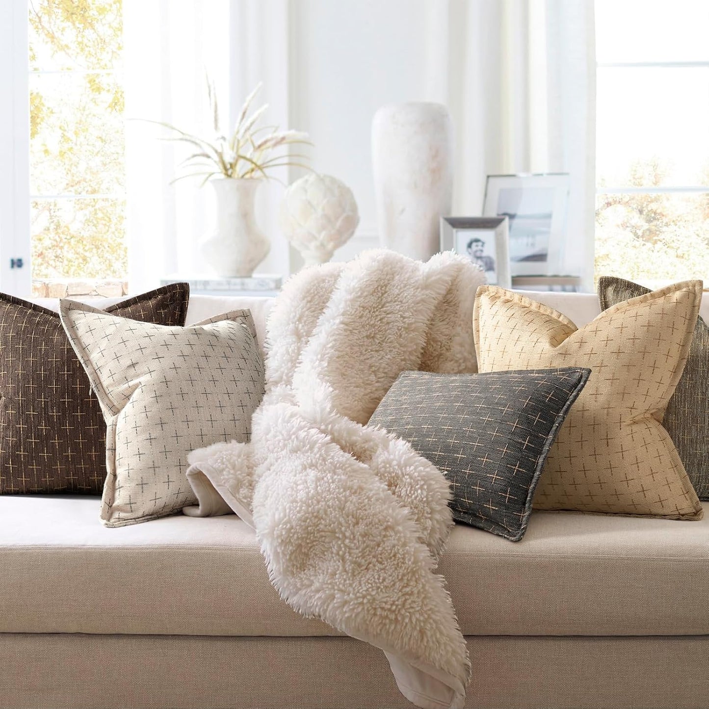 ZWJD Pillow Covers 18x18 Set of 2 Soft Polyester Textured Pillow Covers with Stylish Flange Edge Cozy Farmhouse Throw Pillows for Couch Bed Sofa Living Room