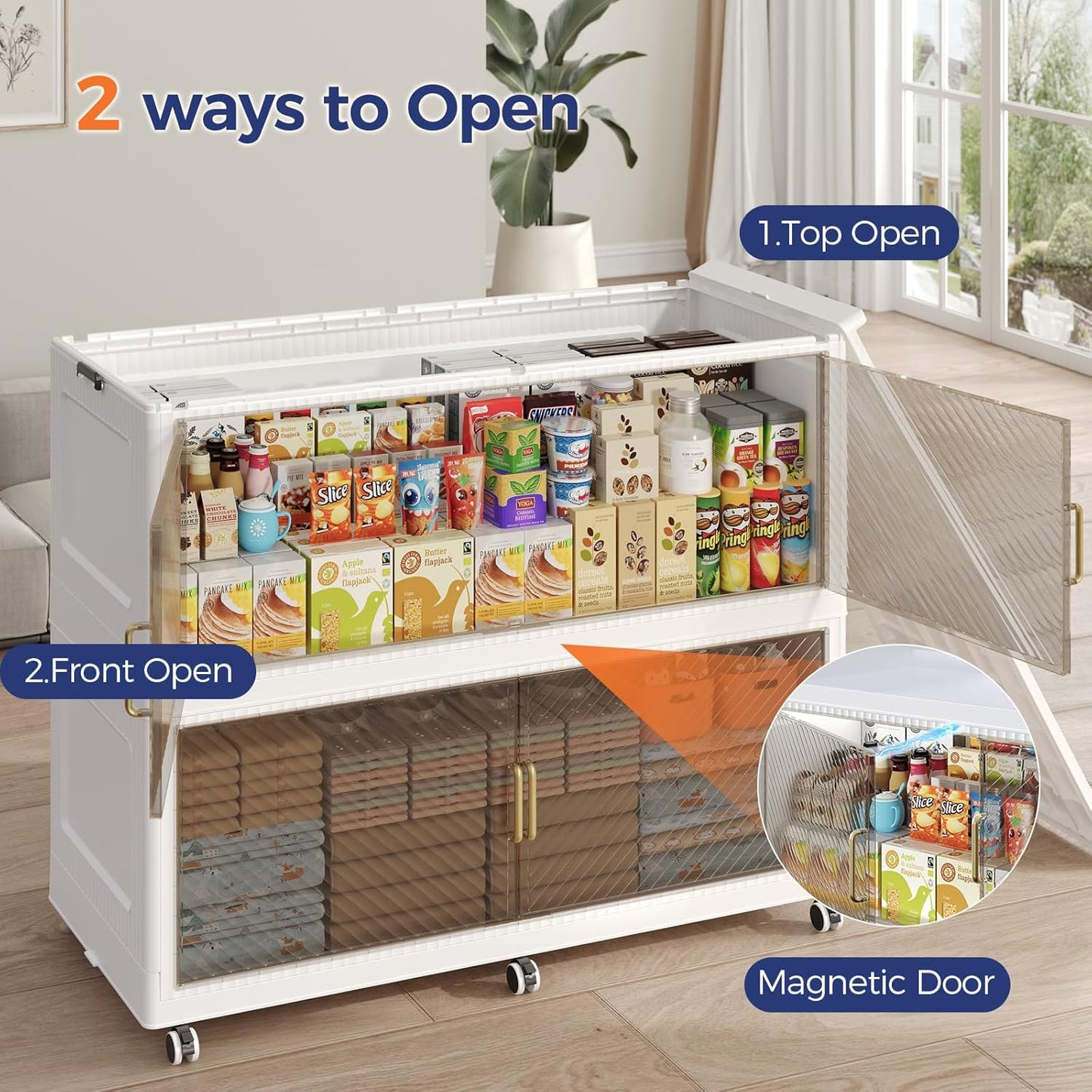 150GAL Extra Large Storage Bins with Lid, 600QT Collapsible Organizer with Wheels, Stackable Closet Cabinet with Doors, Folding Storage Containers for Home, Office, Dorm, 3Pack White