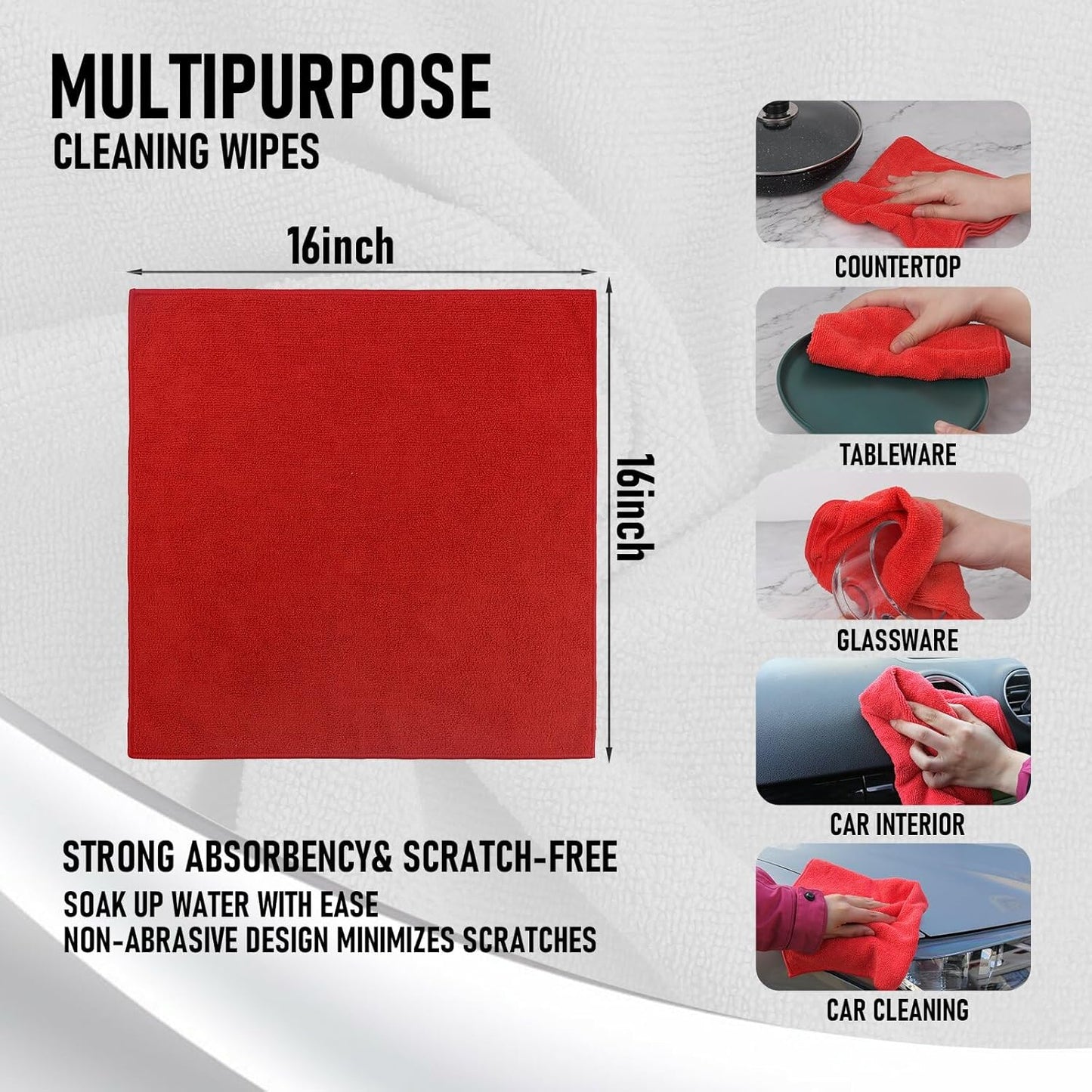 Tricol Clean Microfiber Cleaning Cloth, 16in*16in, 12 Pack Ultra-Thick Cleaning Rags, Super Absorbent, Lint Free & Streak Free Cleaning Towels for Car, House, Kitchen, Office