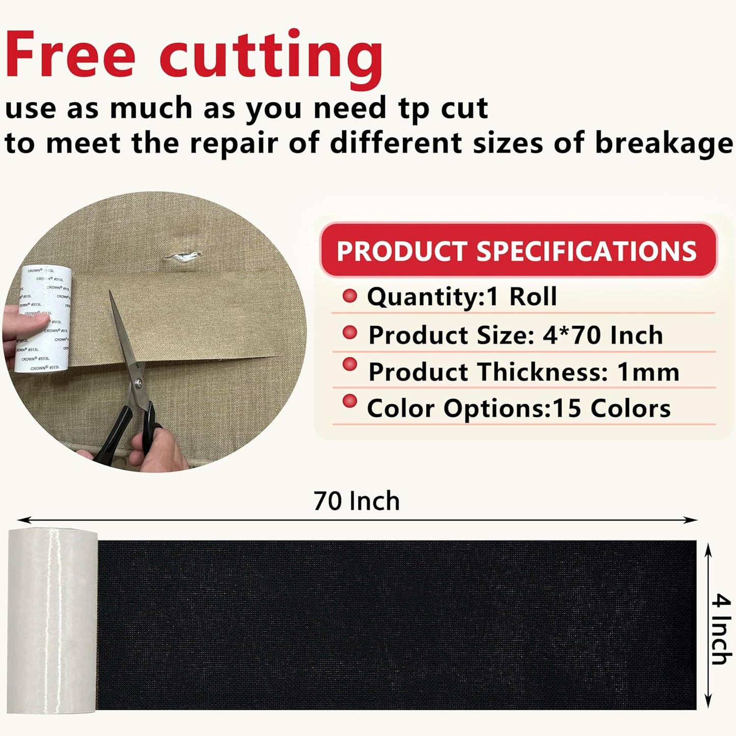 Linen Repair Tape 4x70 Inch Self-Adhesive Couch Patch Repair Fabric Patch for Furniture,Sofas,Cushion,Chairs,Bags,Linen Goods(Black)