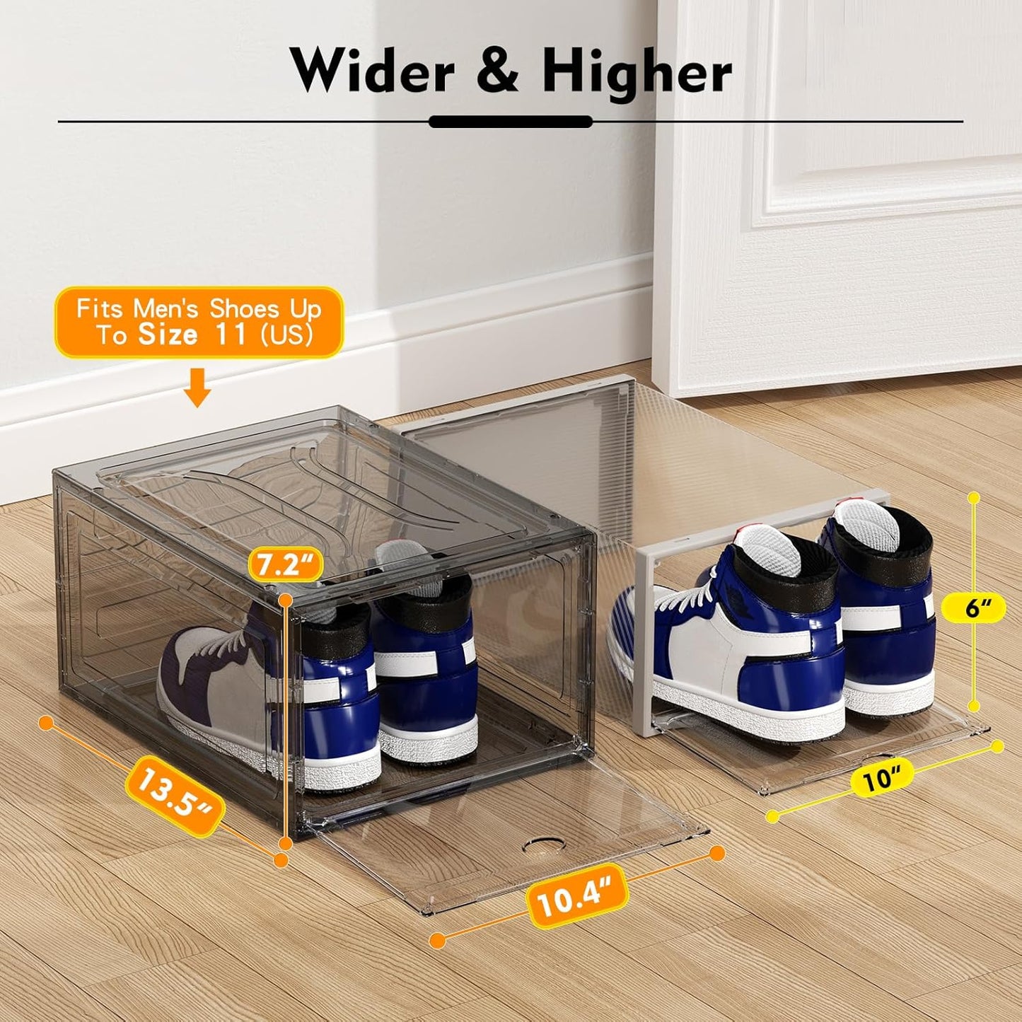 Upgrade Harder Solid Plastic Shoe Organizer with Magnetic Front Door, 12 Pack Shoe Boxes Clear Stackable, Sneaker Storage for Closet, Shoe Display Case, Black