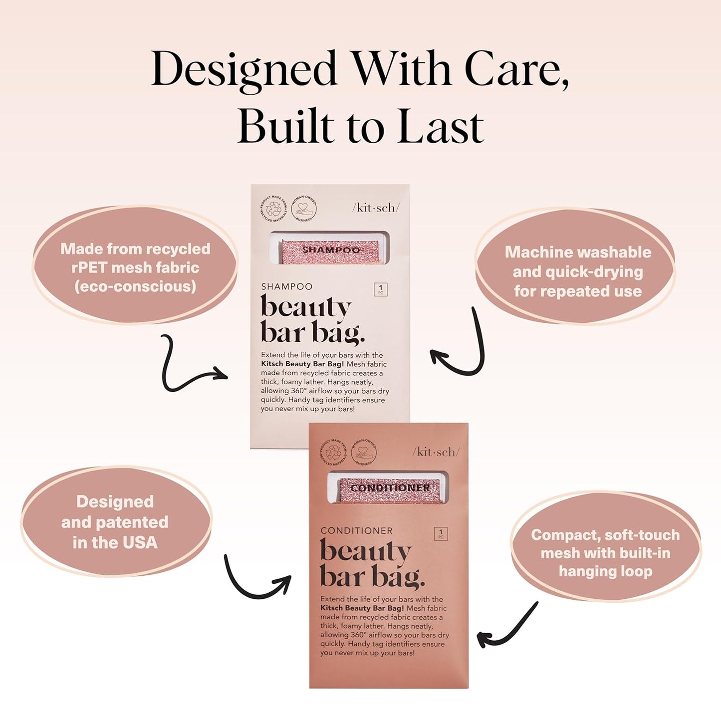 Kitsch Bar Soap Saver Bag – Patented Mesh Bag Soap Holder for Shampoo and Conditioner Bars - Extends Use & Prevents Soggy Mess - Recycled Mesh Beauty Pouch, Eco-Friendly - 2pc Set, Blush & Terracotta