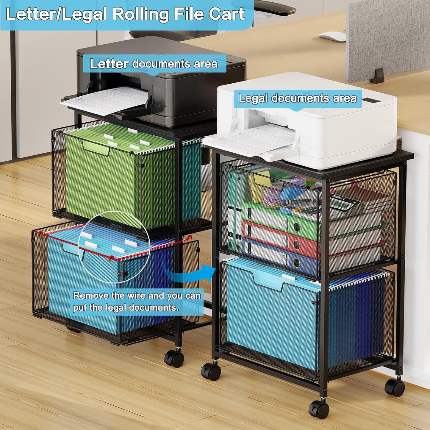 Letter/Legal Rolling File Cart with 2 Storage Drawers, Under Desk Storage, Vertical Filing Cabinet for Home Office, Hanging File Folders Organizer, Mobile Utility Cart Printer Stand, Black