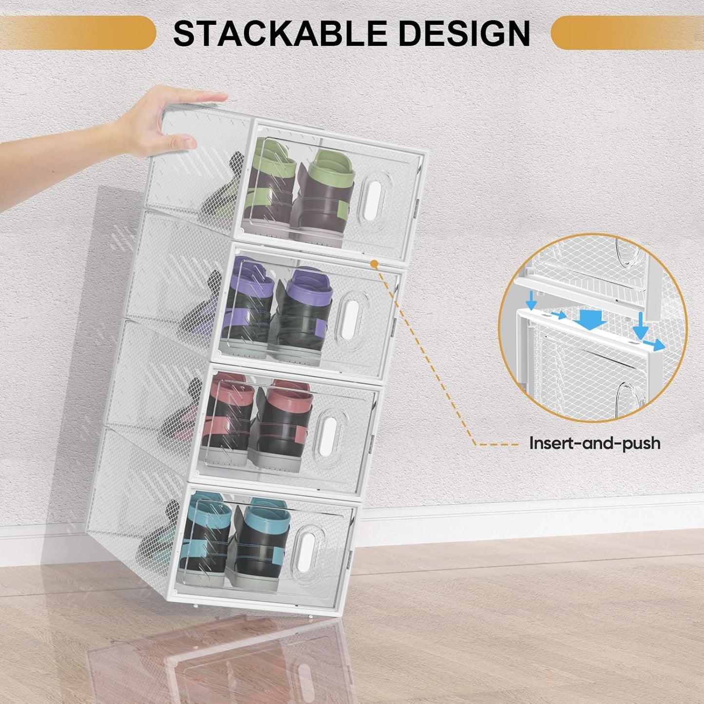 BALEINE 3 Pack Stackable Shoe Storage Boxes Fit Size 9, Thickened Clear Shoe Box Bins with Lids, Plastic Foldable Shoe Rack Organizer Sneaker Storage Containers (Large, White)