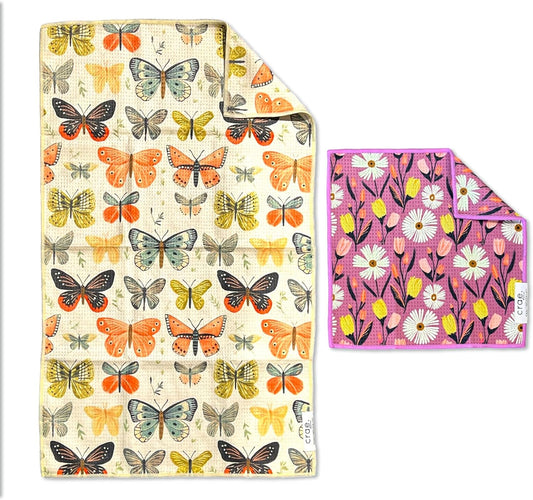 Microfiber Hand Towel & Washcloth Set of 2 - Double-Sided, Waffle Weave, Super Absorbent, Lint-Free, Fast Drying - Wings & Flower Farm Pattern for Bathroom, Kitchen, Car, and Window Cleaning