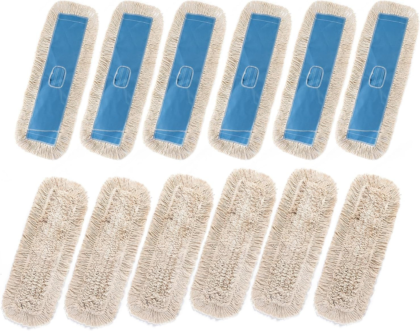 Matthew Cleaning 24'' Industrial Strength Cotton Dust Mop Refill Washable Replacement Heads for Residential & Commercial Use Fit Standard Dust Mop Frames, Hardwood,Concrete Floors Blue&White 12 Pack