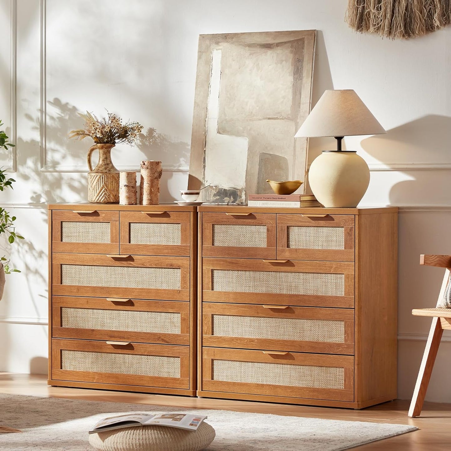 LEYAOYAO Rattan Dresser for Bedroom, 33.5" Tall Chest of Drawers, Modern 5 Drawers Boho Dressers with Storage, Vintage Brown Dresser Wooden Closet Organizer for Living Room, Hallway