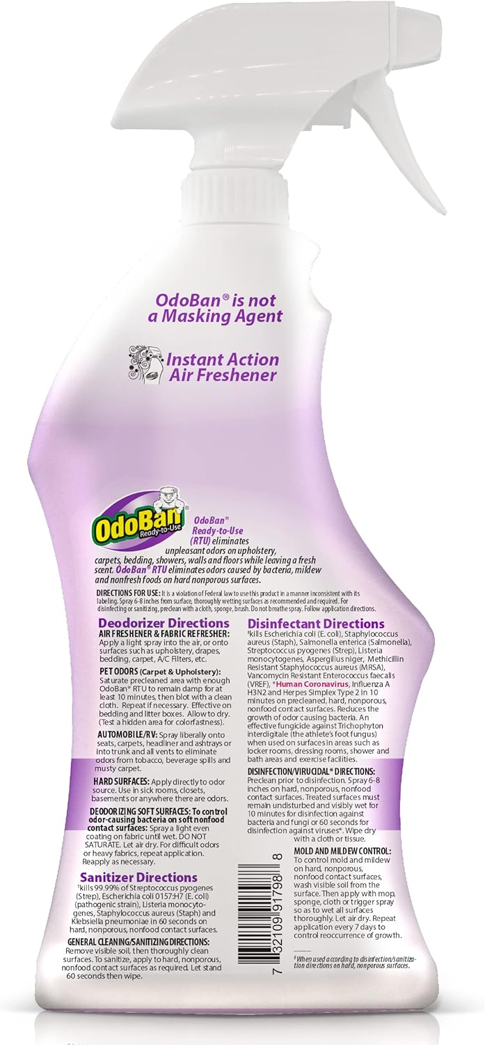 OdoBan Ready-to-Use Disinfectant and Harsh Aroma Eliminator, Cleaner and Fabric/Air Freshener, Set of 2, 14.6 Ounce 360-Degree Continuous Spray and 32 Ounce Trigger Spray, Lavender Scent