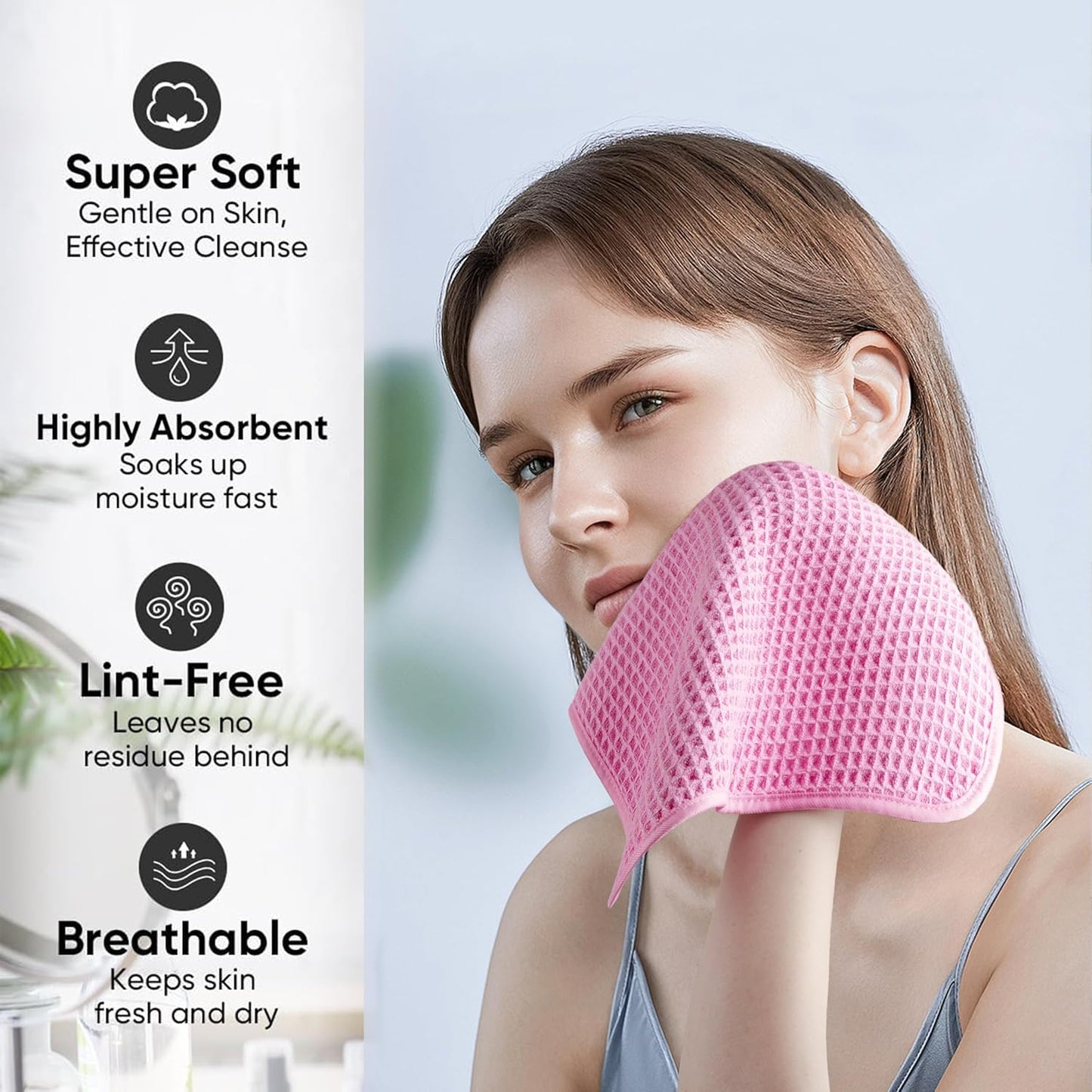 Microfiber Waffle Face Towels, 2 Pieces, Soft, Absorbent, Fast Drying, Lint Free (Pink)