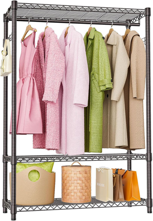Heavy Duty Rolling Garment Rack 3 Tiers Adjustable Wire Shelving Clothes Rack with 1 Rods and Side Hooks,Storage Closet Clothing Rack Grey 15.7" D x 45.3" W x 72.4" H