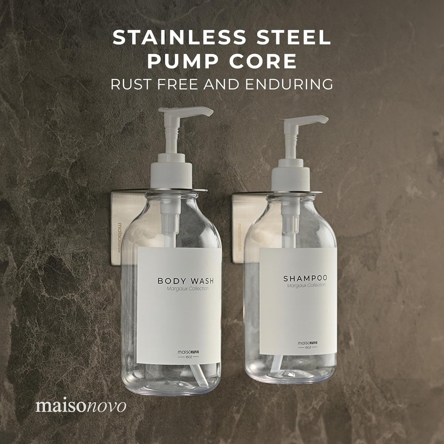 MaisoNovo Shampoo and Conditioner Dispenser - Shower Soap Dispenser Wall Mounted - 16.9 fl oz Set of 2 Clear Plastic Bottles White Pump - Shampoo Dispenser, Shower Dispenser 2 Chamber No Drill