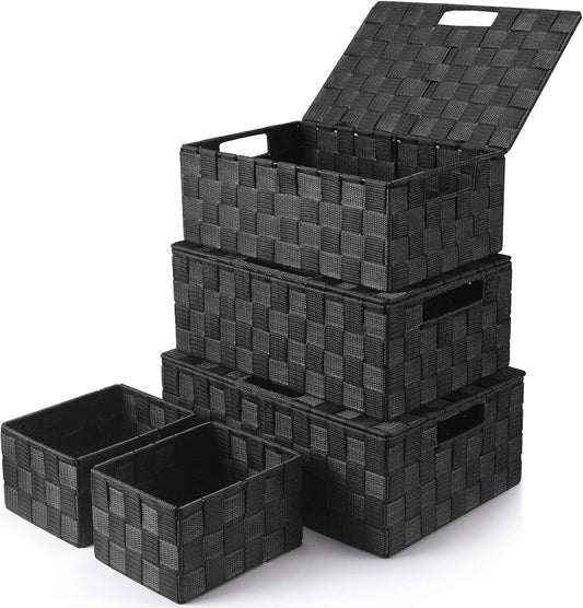 Storage Bins Baskets for Organizing with Lids, Storage Baskets for Shelves Stackable Woven Basket, Gift Small Basket Storage Cubes, Decorative Wicker Basket with Built-in Handles (5 Pack, Black)