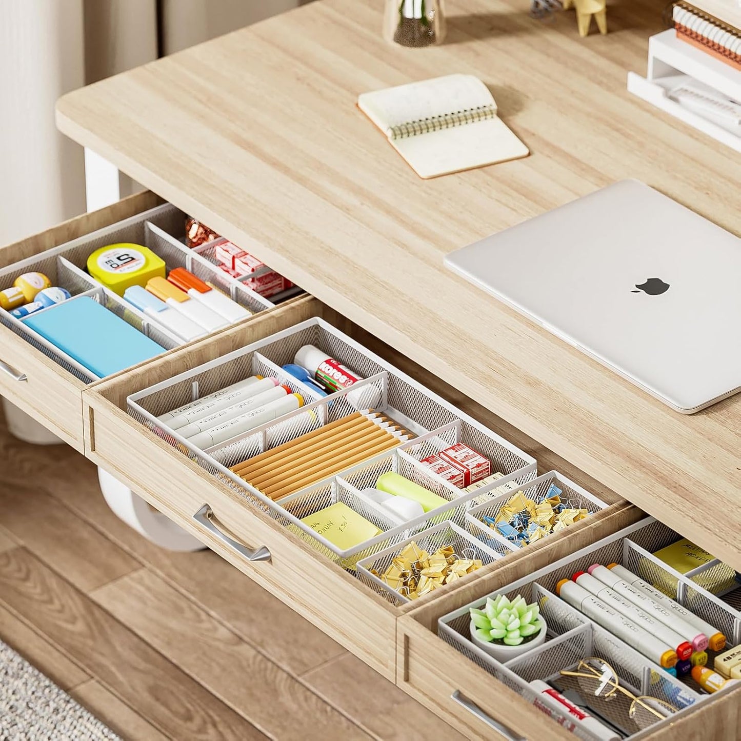 Marbrasse 3 Packs White Desk Drawer Organizers,Drawer Organizer Tray with 9 Adjustable Compartments,Junk Drawer for Makeup & Vanity, Office Desk Supplies and Accessories（White）