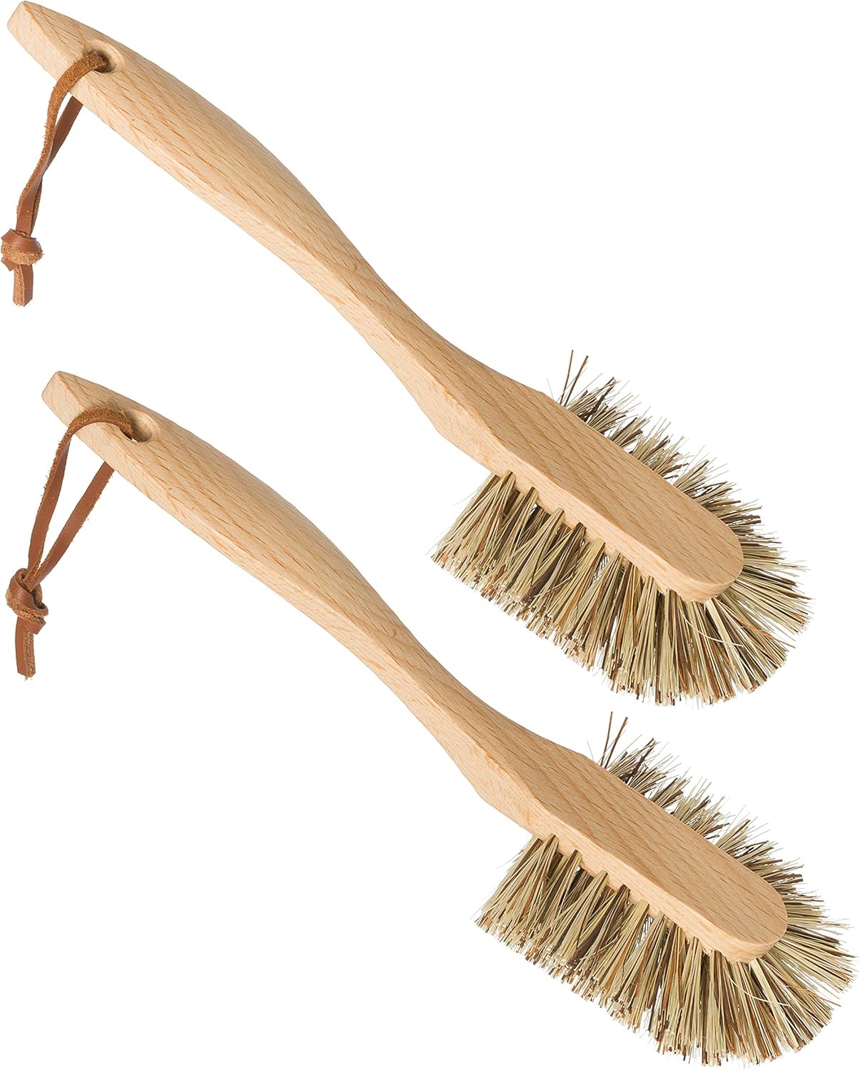 REDECKER Curved Dish Brush, Natural Union Plant Fiber Bristles, Ergonomic Design with Oiled Beechwood Handle, 10-1/2 Inches, Set of 2, Made in Germany - Union Bristle Scrubber