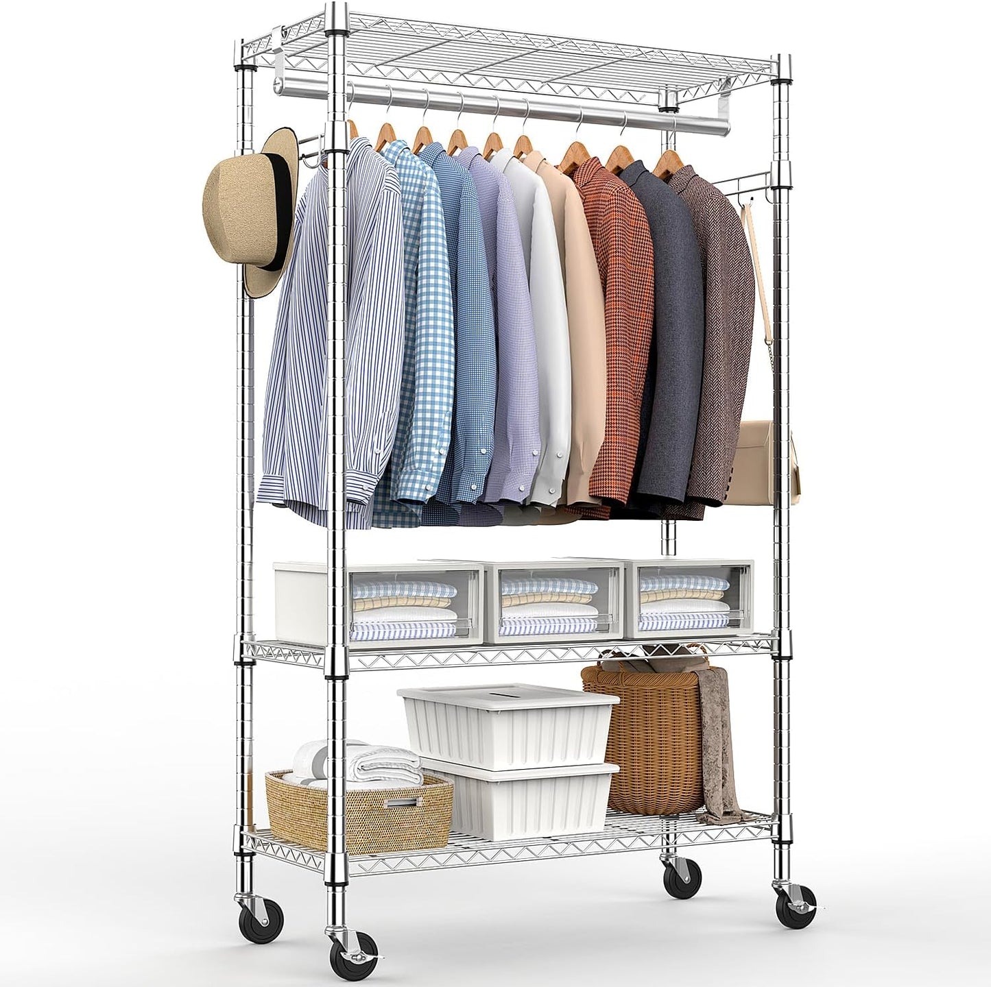 Heavy Duty Rolling Garment Rack 3 Tiers Adjustable Wire Shelving Clothes Rack with Rods and Side Hooks,Storage Closet Clothing Rack with Wheels Chrome 15.7" D x 29.5" W x 74.5" H