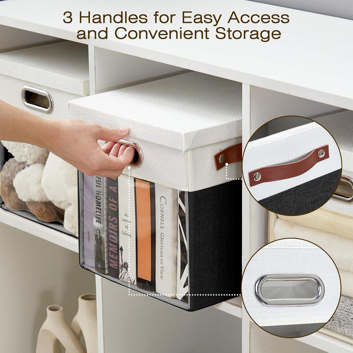 Fabric Storage Cubes with Clear Windows and Lids 11'' Foldable Storage Bins with 3 Handles, Decorative Storage Boxes for Home, Bedroom, Closet, Office (Balck & White)