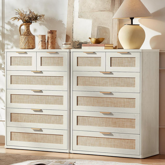 LEYAOYAO White Dresser for Bedroom Set of 2, 42" Tall Chest of Drawers, Modern 6 Drawers Boho Rattan Dressers with Storage, Dresser Wooden Closet Organizer for Living Room, Hallway