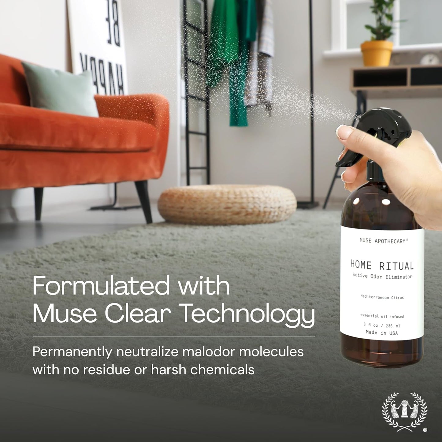Muse Apothecary Home Ritual Active Odor Eliminator Spray - Furniture Deodorizer Spray & Bathroom Odor Eliminator for Home - Essential Oil Air Freshener - 8oz, Mediterranean Citrus