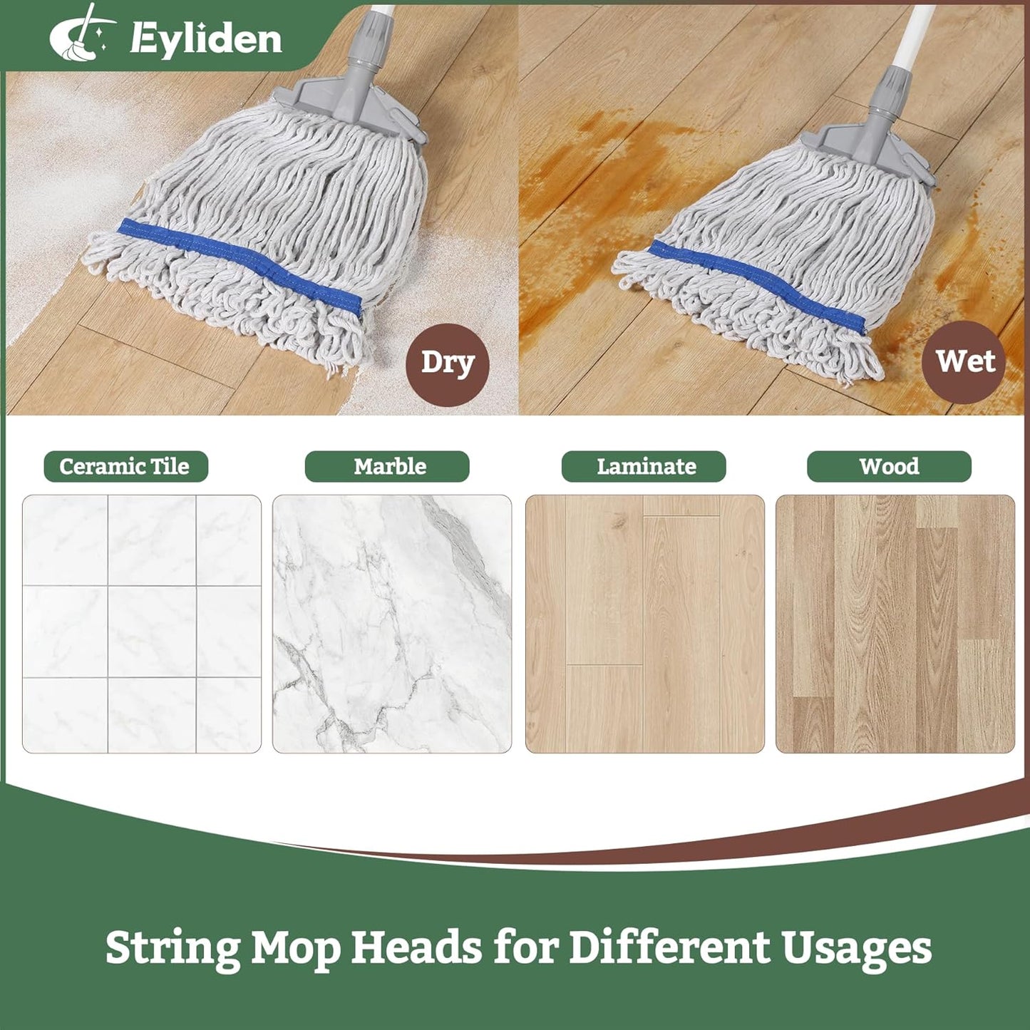 Eyliden 3 Pack Mop Heads Replacement, Universal Commercial Mops for Floor Cleaning, Looped-End Cotton Mop Head Refills for Multi-Surface, Home Industrial Wood Tile