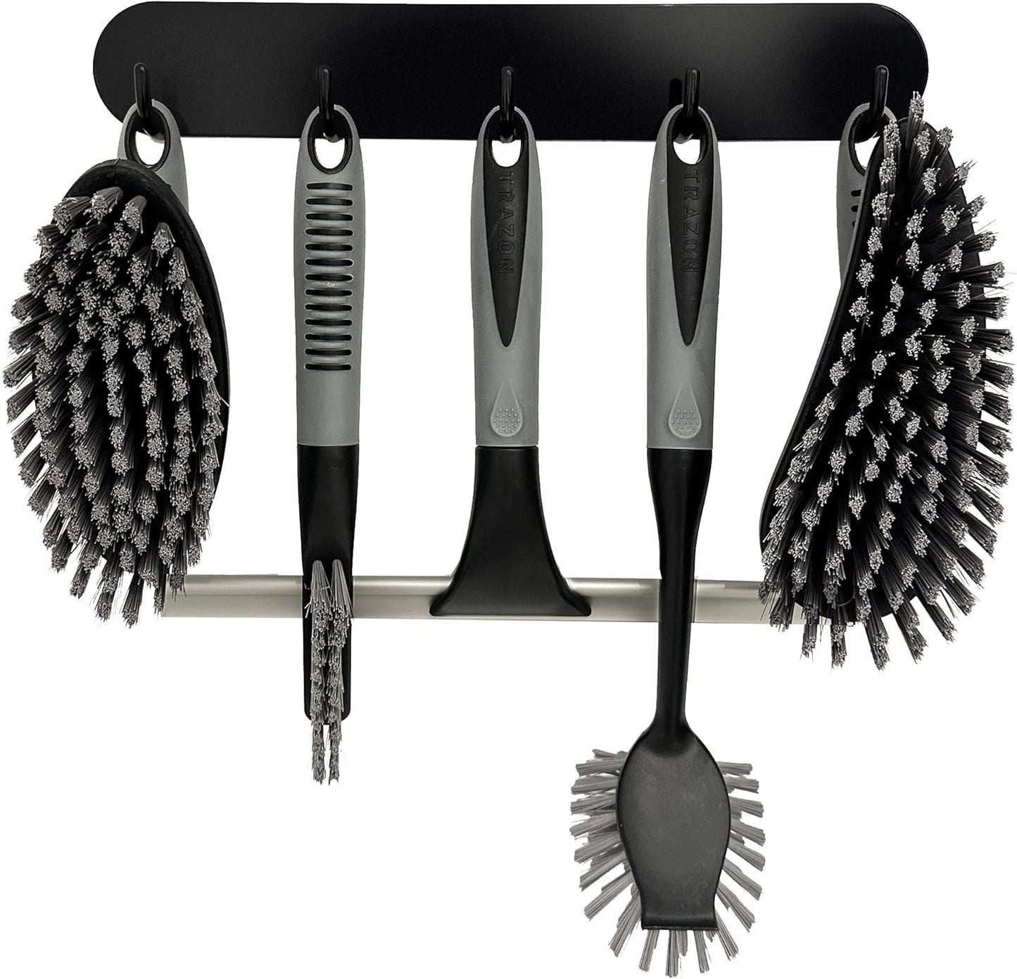 Scrub Brush Set of 6 pcs - Cleaning Shower Scrubbers with Squeegee for Shower Glass and Adhesive Wall Hooks Including Grout Cleaner Brush, Scrub Brushes for Cleaning Bathroom, Shower, Tile, Bathtub