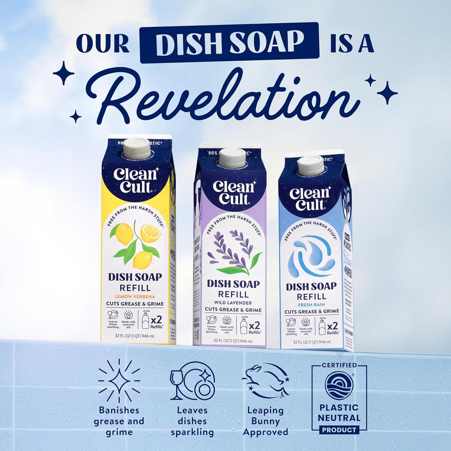 Cleancult Dish Soap Liquid Refills (32oz, 3 Pack) - Plant Based Cleaning Power - Dish Soap that Cuts Grease & Grime - Free of Harsh Chemicals - Uses 90% Less Plastic - Wild Lavender