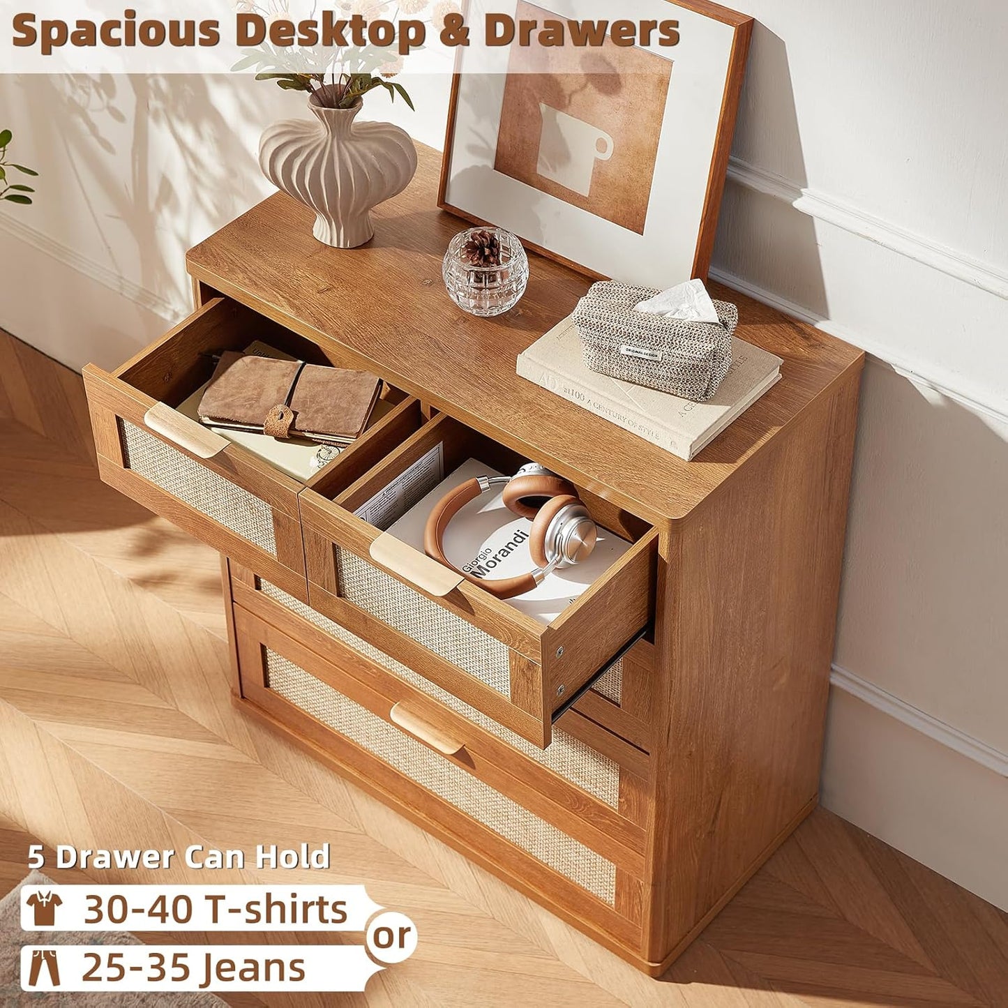 LEYAOYAO Rattan Dresser for Bedroom Set of 2, 33.5" Tall Chest of Drawers, Modern 5 Drawers Boho Dressers with Storage, Vintage Brown Dresser Wooden Closet Organizer for Living Room, Hallway