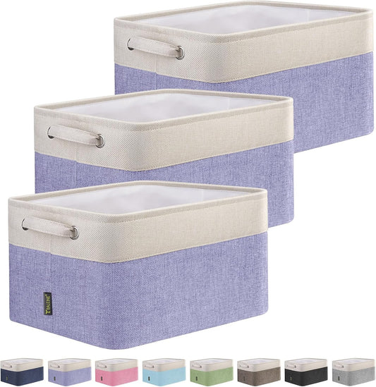 BALEINE 3 Pack Fabric Storage Bins for Shelves, Linen Storage Baskets for Organizing, Decorative Closet Bins for Clothes, Home (Lavender, 12"x8"x8")
