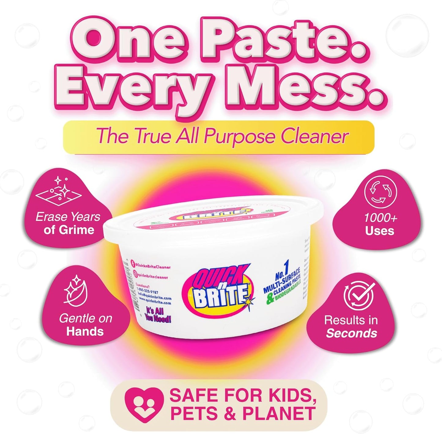 Quick 'n Brite All Purpose Cleaning Paste – Miracle Cleaner for Tough Stains, Biodegradable, Non-Toxic, Pet-Safe, Multi-Surface Stain Remover, Made in USA, 12 Oz
