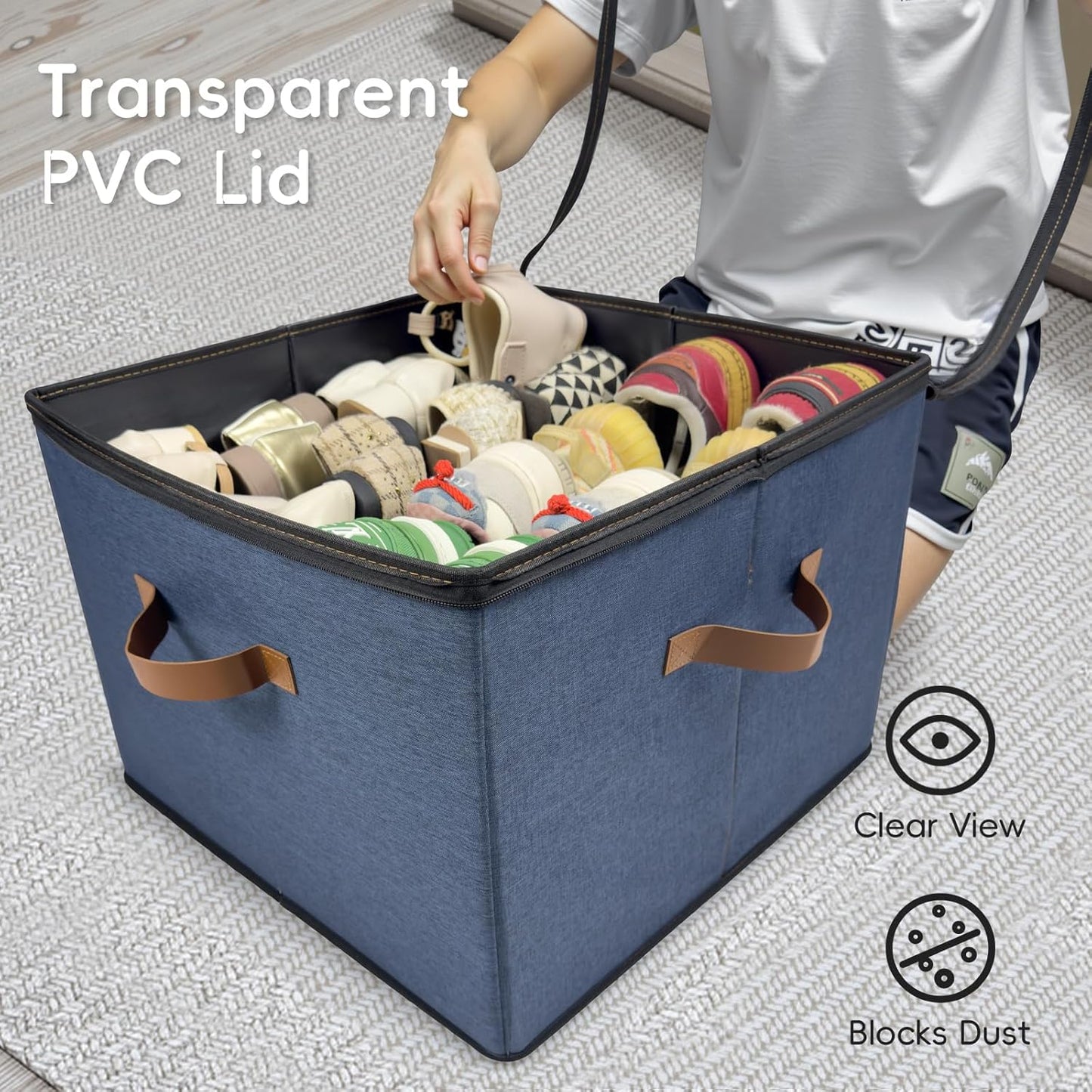 Shoe Organizer for Closet, 2 Pack Shoe Storage Bins with Clear Cover, Adjustable Dividers Fits 16-32 Pairs ShoeBoxes, Organizador de Zapatos, Navy Blue