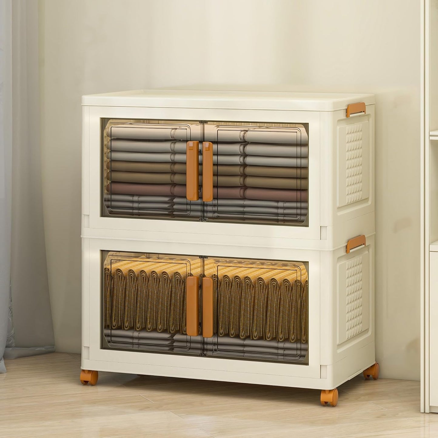 2 Tier Large Stackable Plastic Storage Bins with 1 Lid 95 QT/Tier, Collapsible Plastic Box Storage Bin with Wheels, Home Containers Boxes Closet Organizers for Living Room, Office, Dorm