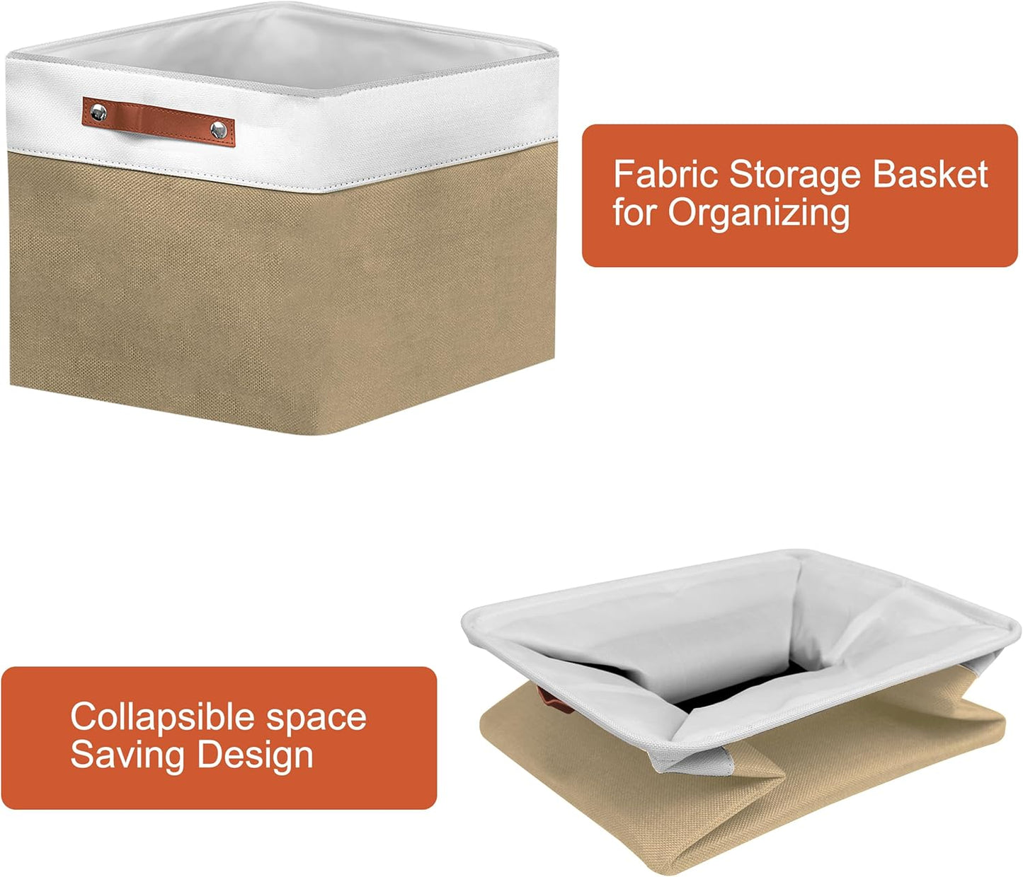 12in Open Fabric Storage Basket with Leather Handles for Organizing, Collapsible Linen Closet Bins for Shelves, Closets, Laundry, Decorative Basket for Gifts. (White＆Khaki, 2PCS/12x12in)