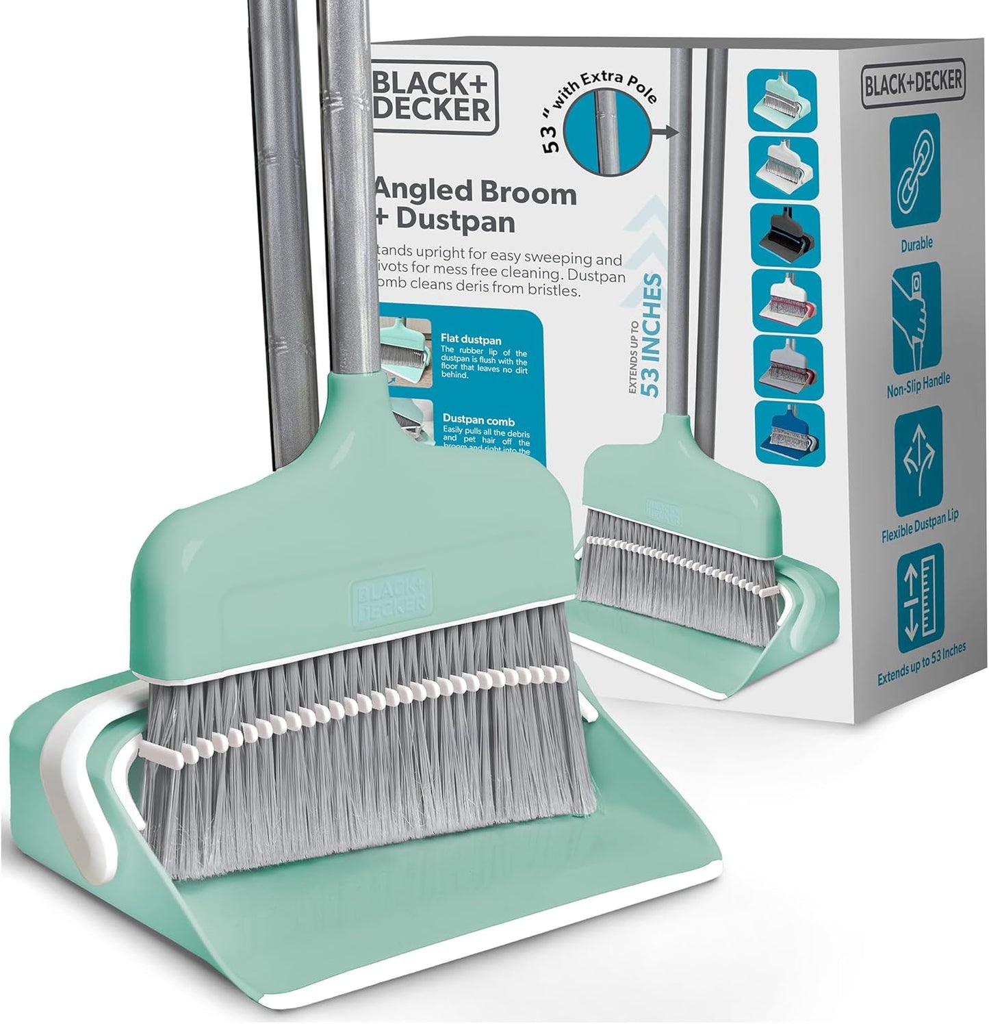 BLACK+DECKER Butler Broom & Dustpan Set - Short Handle, Stand-Up Design - Lightweight, Space-Saving Combo for Kitchen, Living Room, Bathroom, Lobby Floors - Home Cleaning Essential, Teal/Grey
