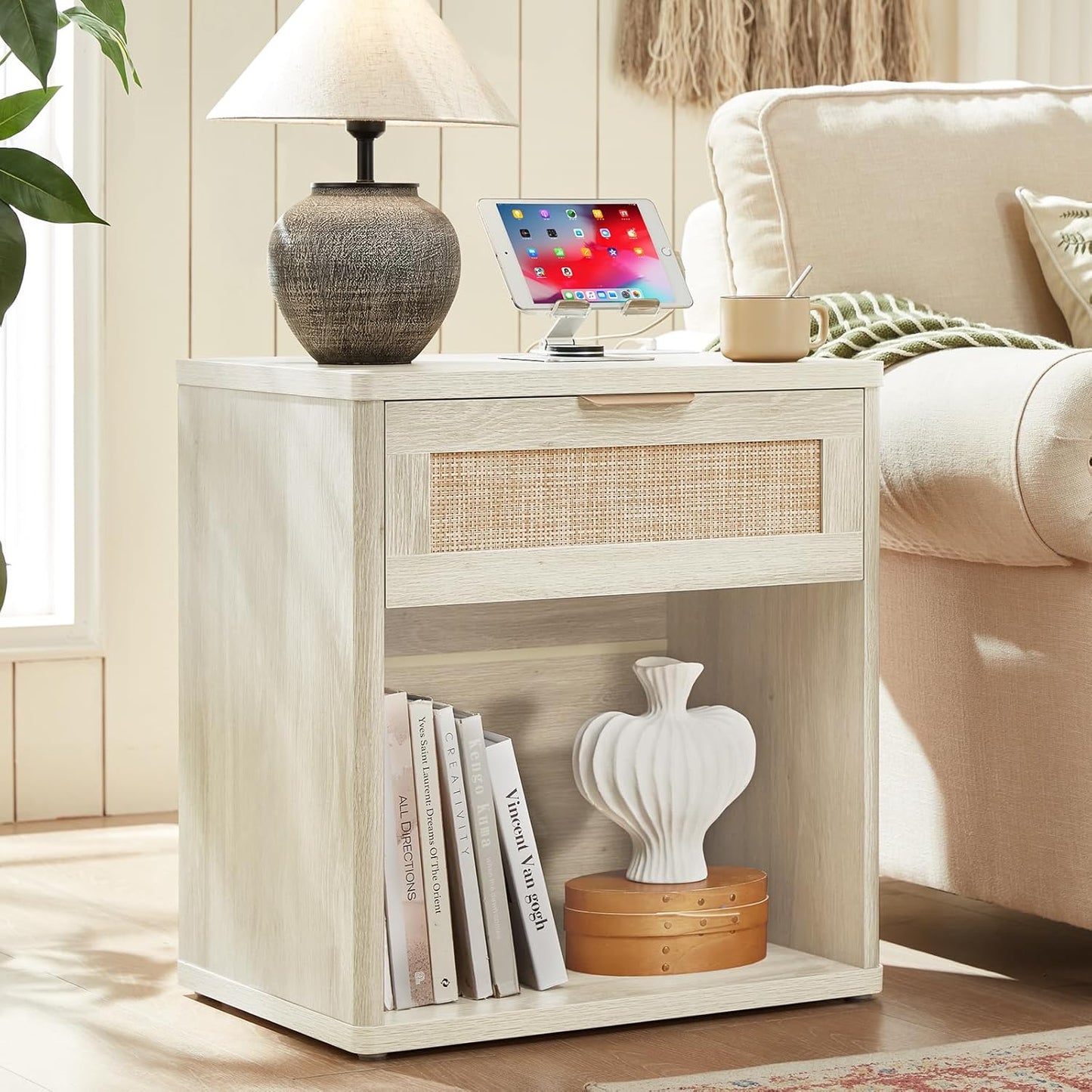 LEYAOYAO Rattan Nightstand with Charging Station, 23" Wide Boho Night Stand with Drawer, Grey White Bedside Table Open Storage Cabinet, Bed Side End Tables Dresser for Bedroom, Living Room, Hallway