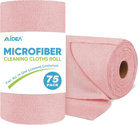 AIDEA Microfiber Cleaning Cloth Roll, 75PK, Tear Away Reusable Paper Towels, Pink Towels Lint Free Rags for House, Kitchen, Car Cleaning Supplies, 11.5"×11.5"