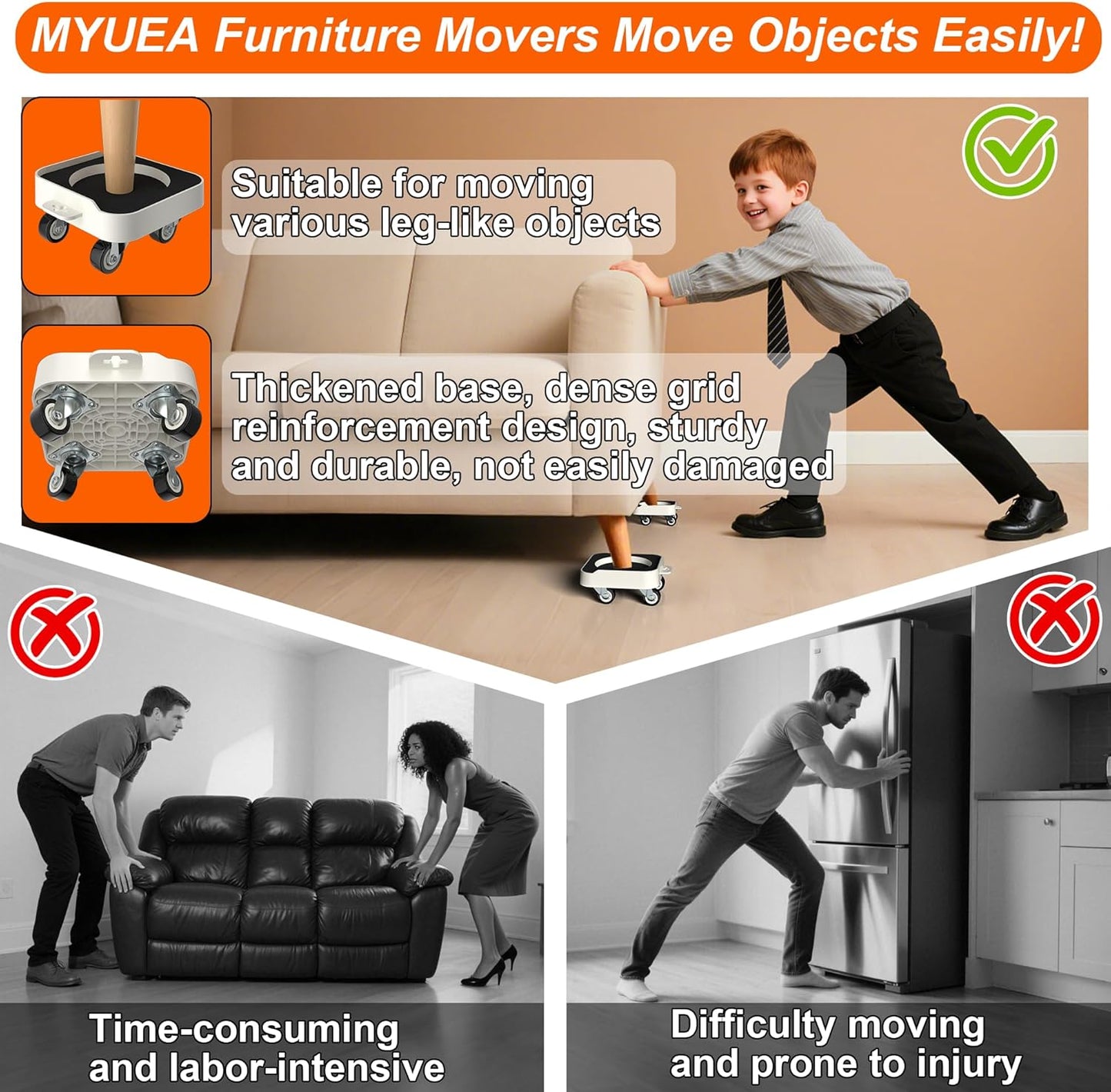 MUEA Furniture Dolly,Heavy-Duty Furniture Movers with Removable Center Pad,Non-Slip L-Edge & TPR Wheels,Moving for Round/Flat Leg Furniture–Includes Pry Bar,Gloves,Mat and Storage Bag(1200LBS)