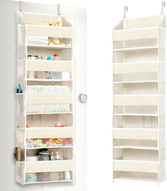 ULG 1 Pack Over Door Organizer with 5 Large Pockets 10 Mesh Side Pockets, Upgraded Linen Texture Over The Door Storage, 44 lbs Weight Capacity Hanging Storage Organizer, Ivory