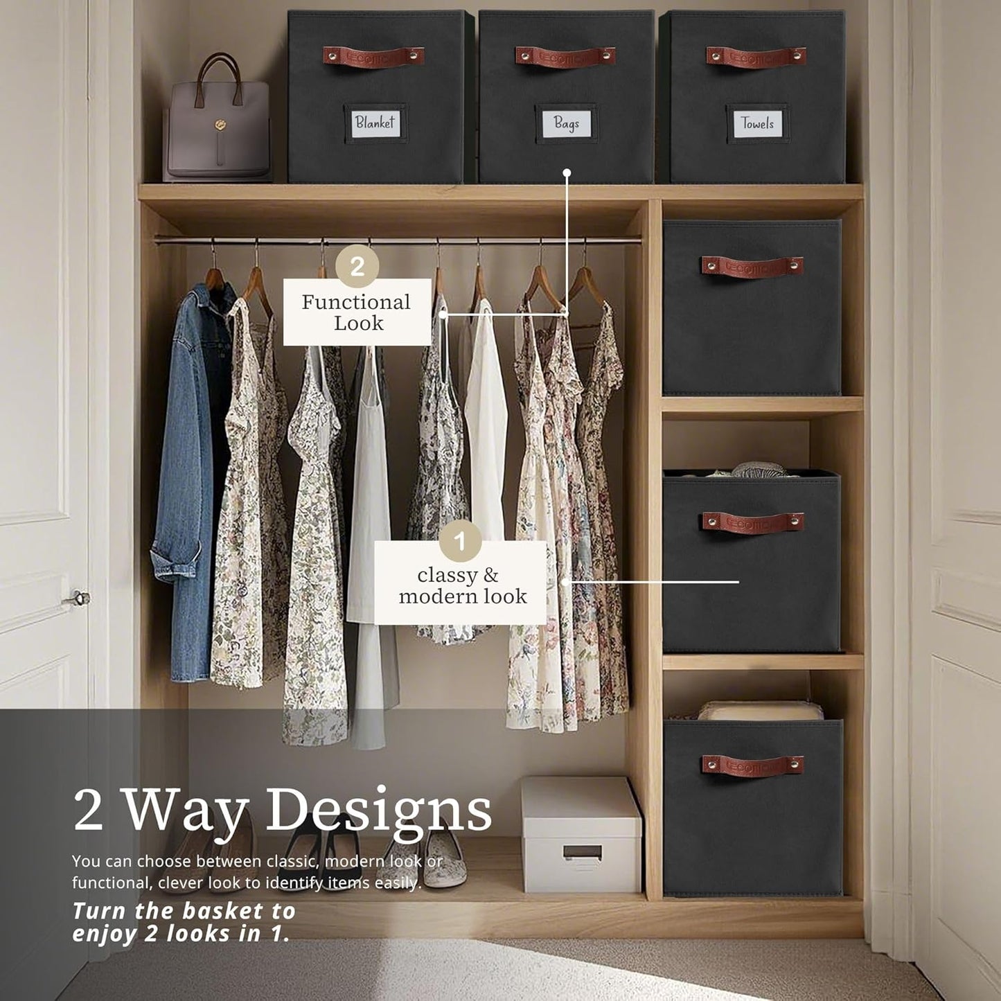 DECOMOMO Storage Baskets, 13x15x13 Storage Cube Bins with Labels for Organizing Shelves Kallax (Kallax / 4pcs, Black)