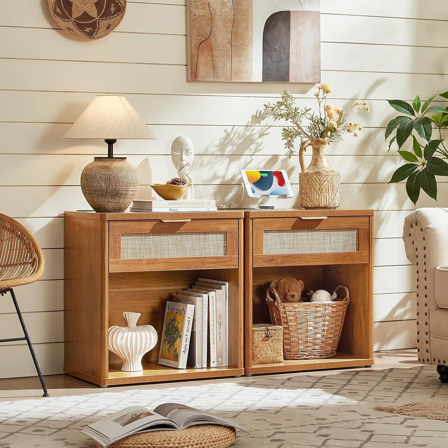 LEYAOYAO Rattan Nightstands Set of 2 with Charging Station, Natural Wood Night Stand with Drawer, 23" Wide Boho Bedside Table Open Cabinet, Bed Side Table Dresser for Bedroom, Living Room, Entrance