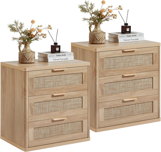 LEYAOYAO Rattan Night Stand Set of 2 with Drawers, 23" Large 3 Drawer Boho Nightstand, Natural Wood Bedside Table Storage Cabinet, Bed Side End Tables Dresser for Bedroom, Living Room, Hallway, Closet
