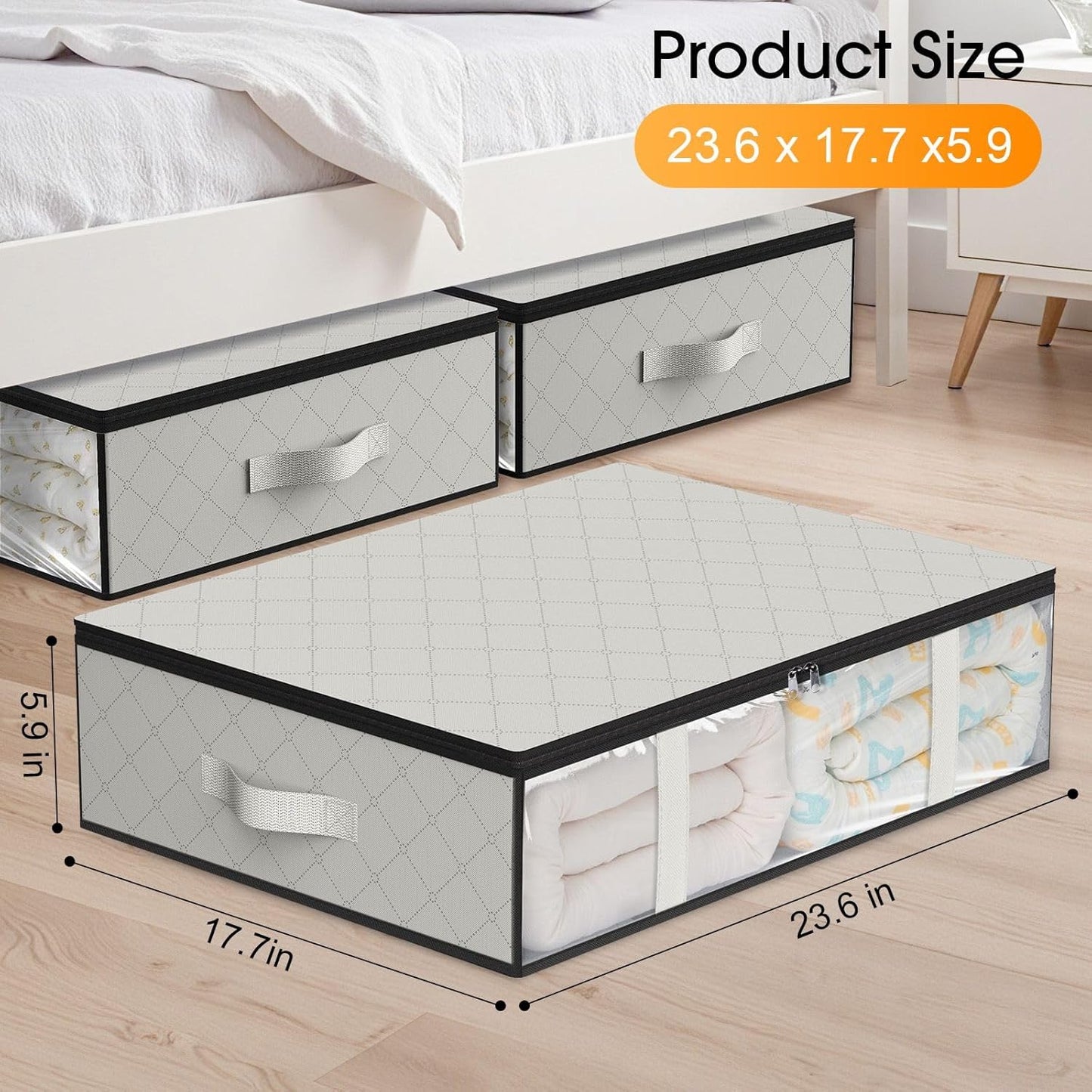 StorageRight Under Bed Storage Bins, 3-Pack 40L Foldable Fabric Storage Bags with Transparent Window, Breathable Organizer for Clothes/Blanket/Comforter/Quilt, White