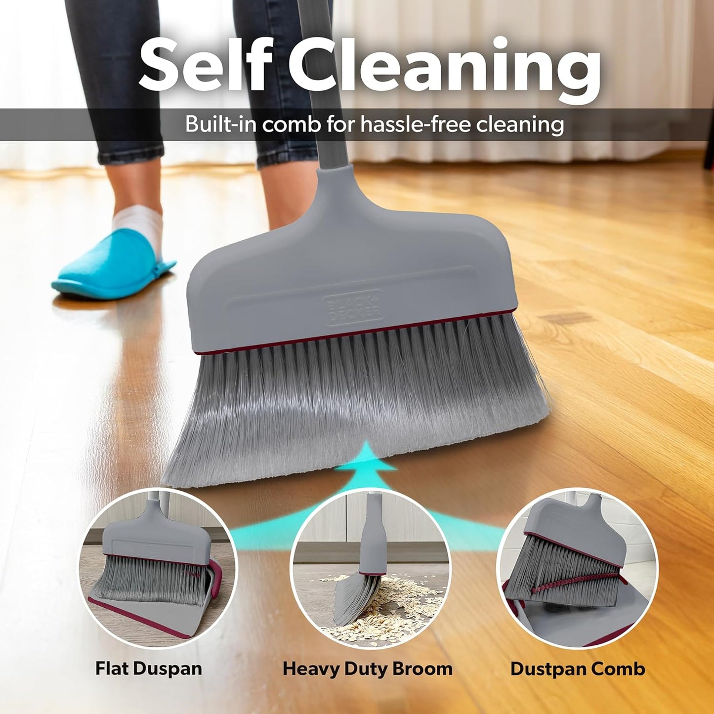 BLACK+DECKER Butler Broom & Dustpan Set - Stand-Up Design - Lightweight, Space-Saving Combo for Kitchen, Living Room, Bathroom, Lobby Floors - Home Cleaning Essential, Light Gray/Burgundy